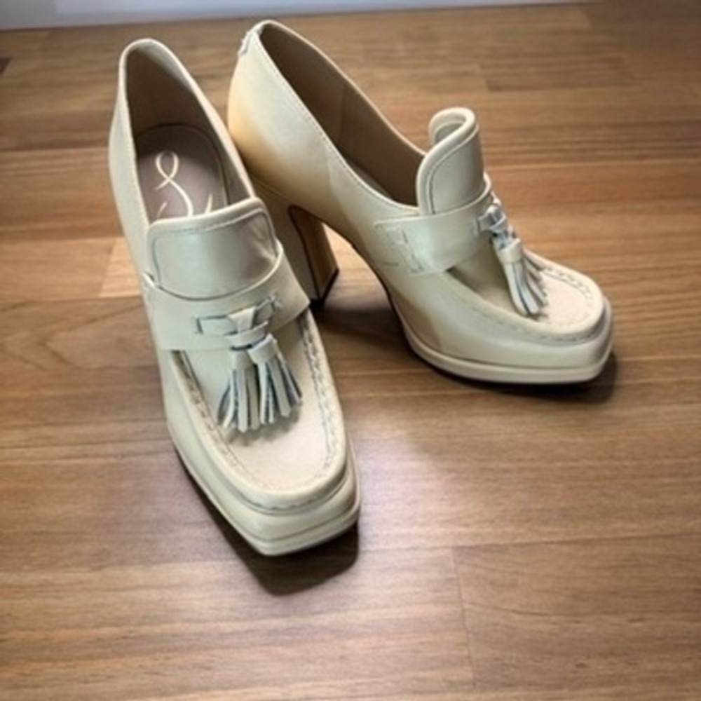 Sam Edelman Ivory Leather Platform Tassel Loafer Heels Size 6.5 - Picture 14 of 14
